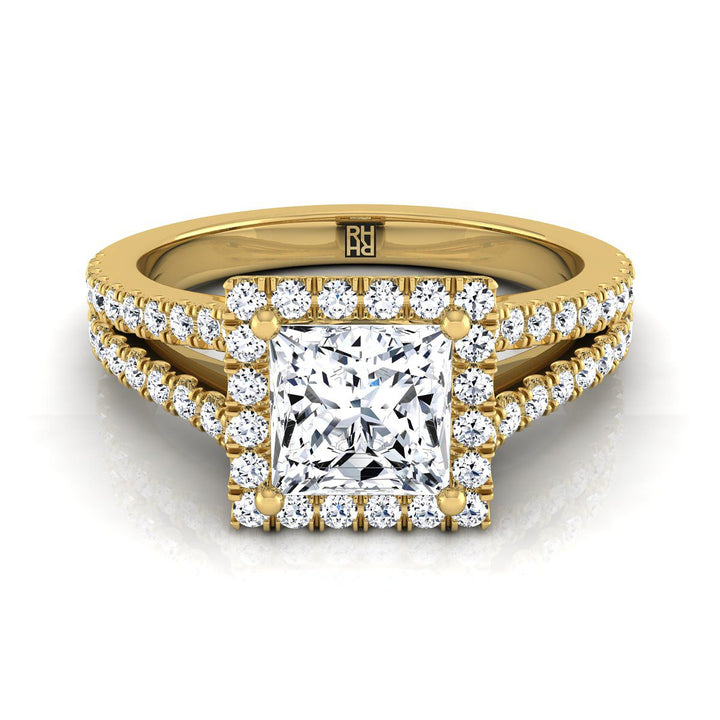 Split Shank Pavé Halo Princess, in 18K Yellow Gold, pave setting | RockHer
