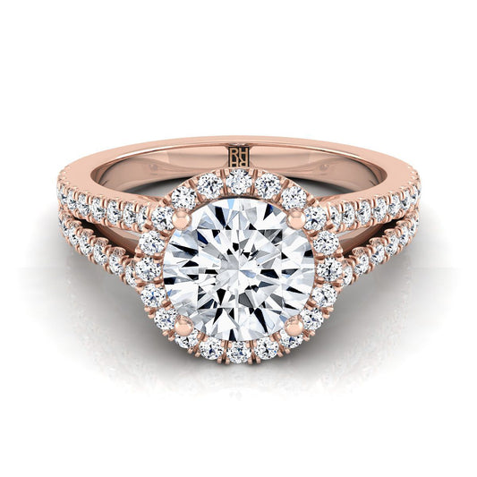 14K Rose Gold Round Brilliant Diamond Halo Center with French Pave Split Shank Engagement Ring -3/8ctw