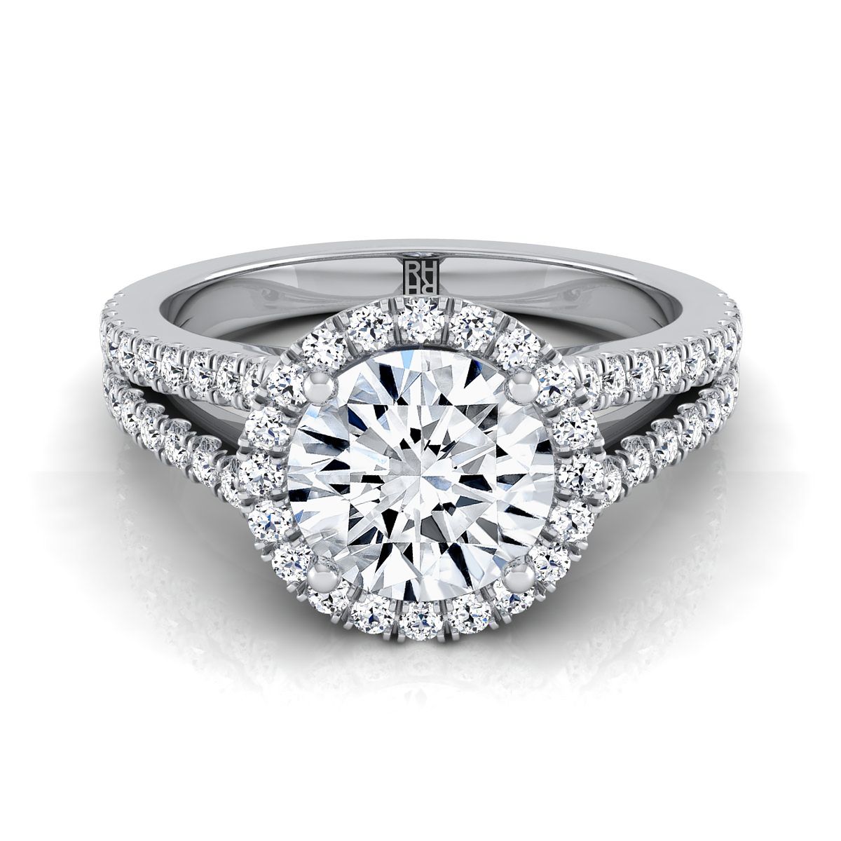 The Aretha round setting in 18K White Gold, a select split shank pavé halo design from RockHer