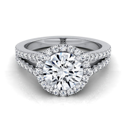 Aretha Select split shank pavé halo round ring in 18K White Gold — view — RockHer
