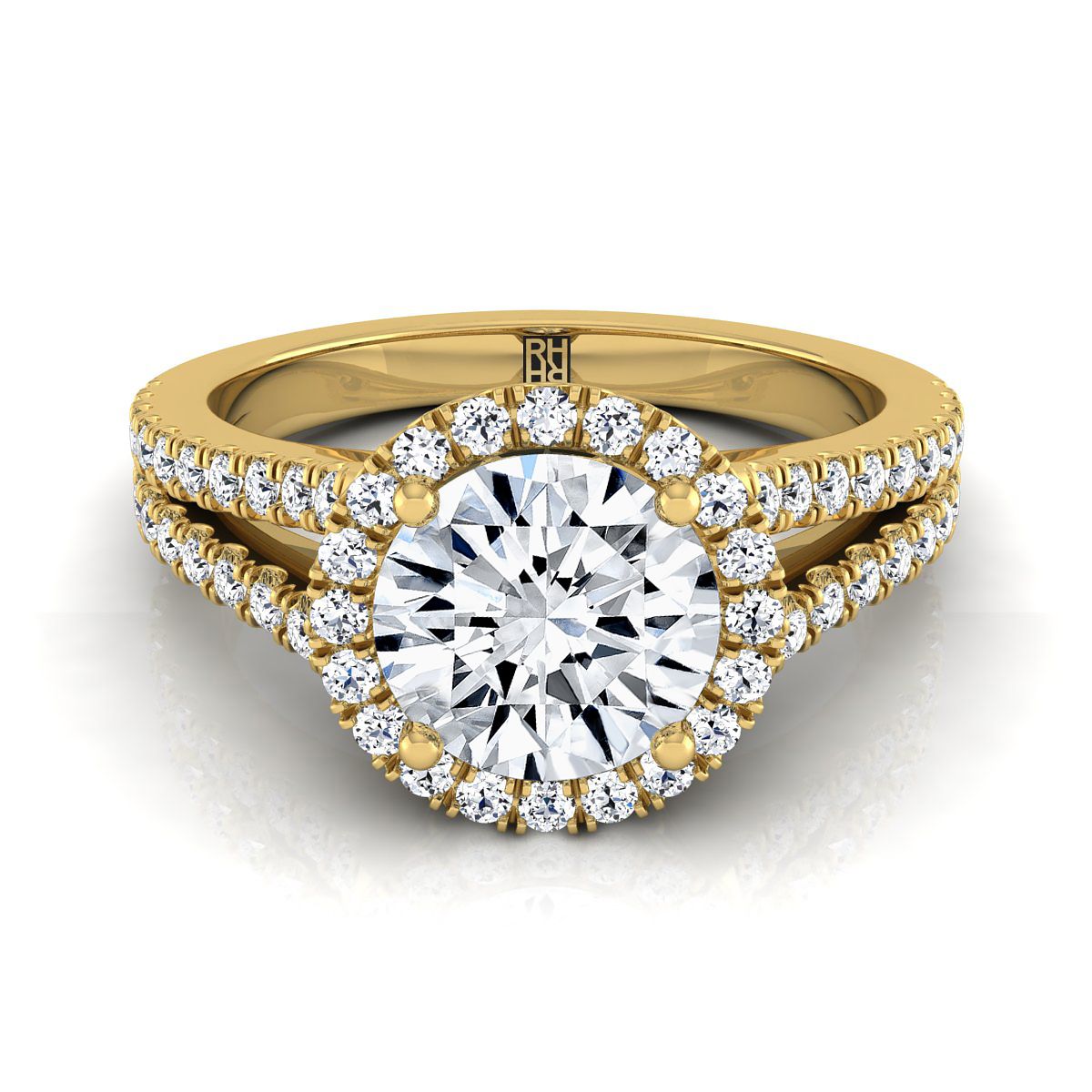 Aretha Select Split Shank Pavé Halo Round Lab Diamond Engagement Ring in 18K Yellow Gold | RockHer