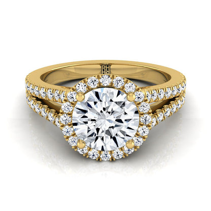 Aretha Select Split Shank Pavé Halo Round Lab Diamond Engagement Ring in 18K Yellow Gold | RockHer
