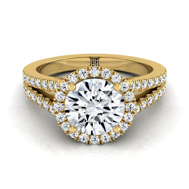 Round Brilliant, Split Shank Pavé Halo Round, in 18K Yellow Gold, pave setting – view 8 | RockHer