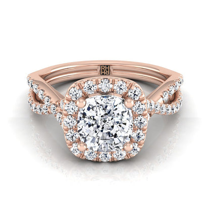 Twisted Scalloped Pavé Halo Cushion, in 14K Rose Gold, pave setting | RockHer