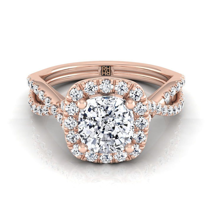 Twisted Scalloped Pavé Halo Cushion, in 14K Rose Gold, pave setting | RockHer