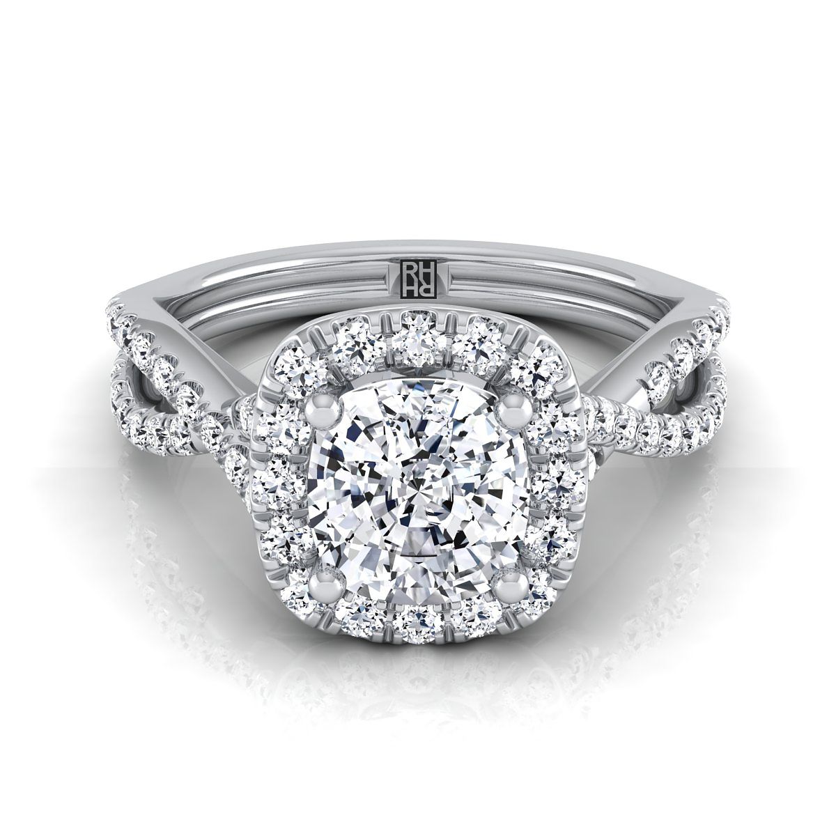 Audra Select Twisted Scalloped Pavé Halo Cushion Cut Lab Diamond Engagement Ring in Platinum | RockHer