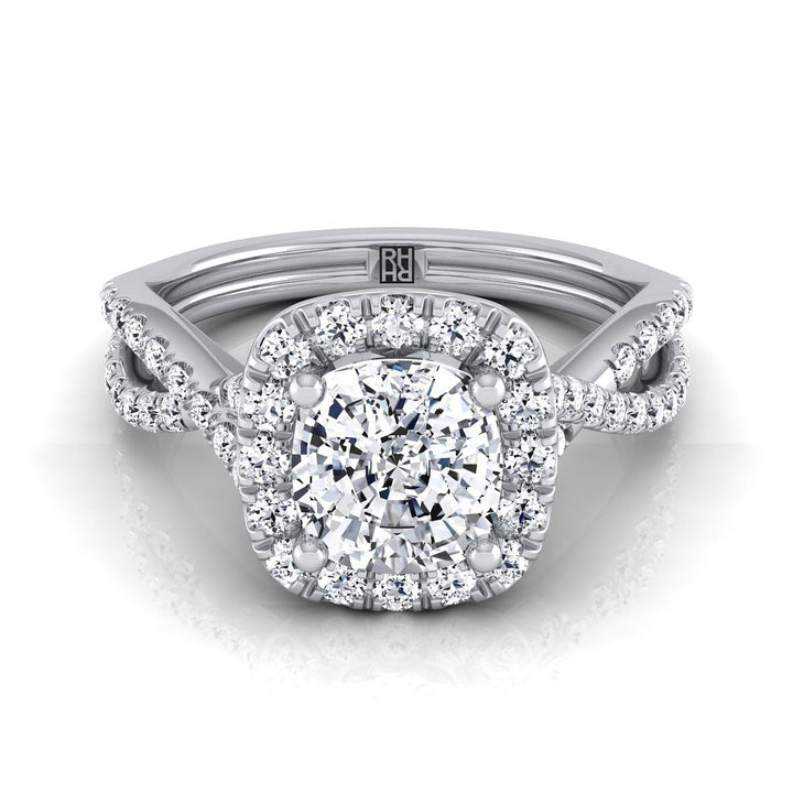 Twisted Scalloped Pavé Halo Cushion, in 18K White Gold, pave setting | RockHer