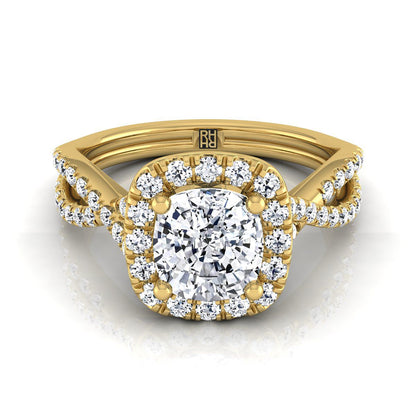 Twisted Scalloped Pavé Halo Cushion, in 18K Yellow Gold, pave setting | RockHer