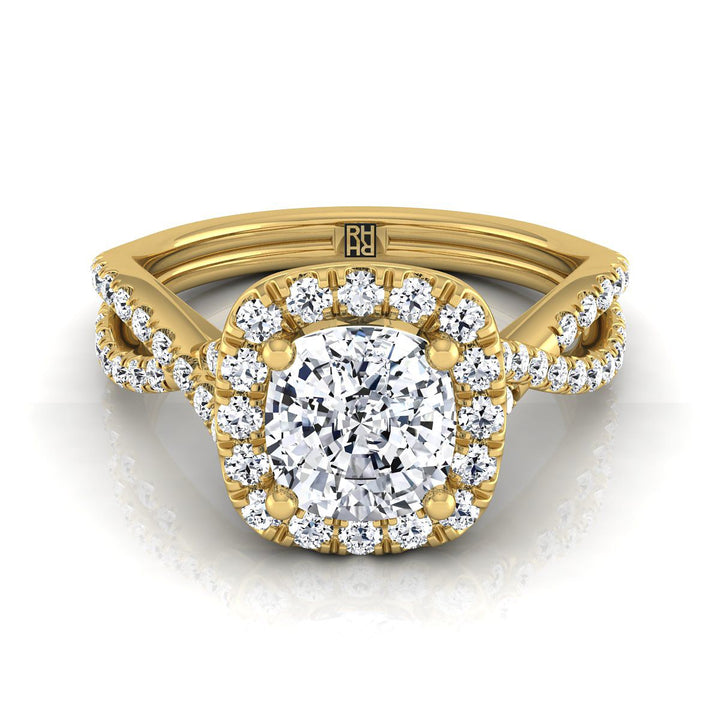 Twisted Scalloped Pavé Halo Cushion, in 18K Yellow Gold, pave setting | RockHer