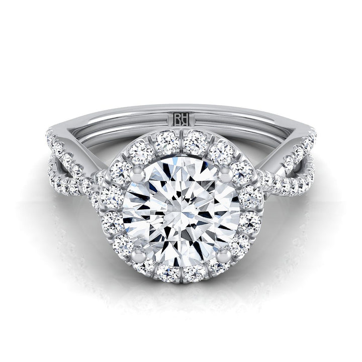Round Brilliant, Twisted Scalloped Pavé Halo, in 18K White Gold, pave setting | RockHer