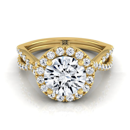 18K Yellow Gold Round Brilliant Diamond  Twisted Scalloped Pavé Halo Center Engagement Ring -1/2ctw