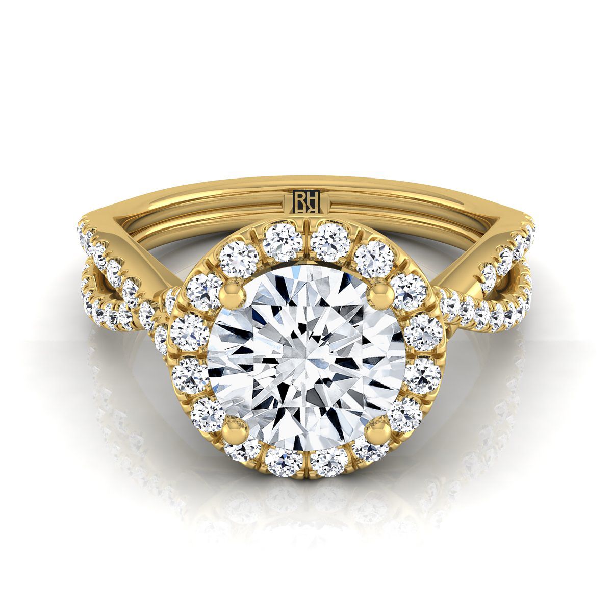 Audra Select Twisted Scalloped Pavé Halo Round Lab Diamond Engagement Ring in 18K Yellow Gold | RockHer
