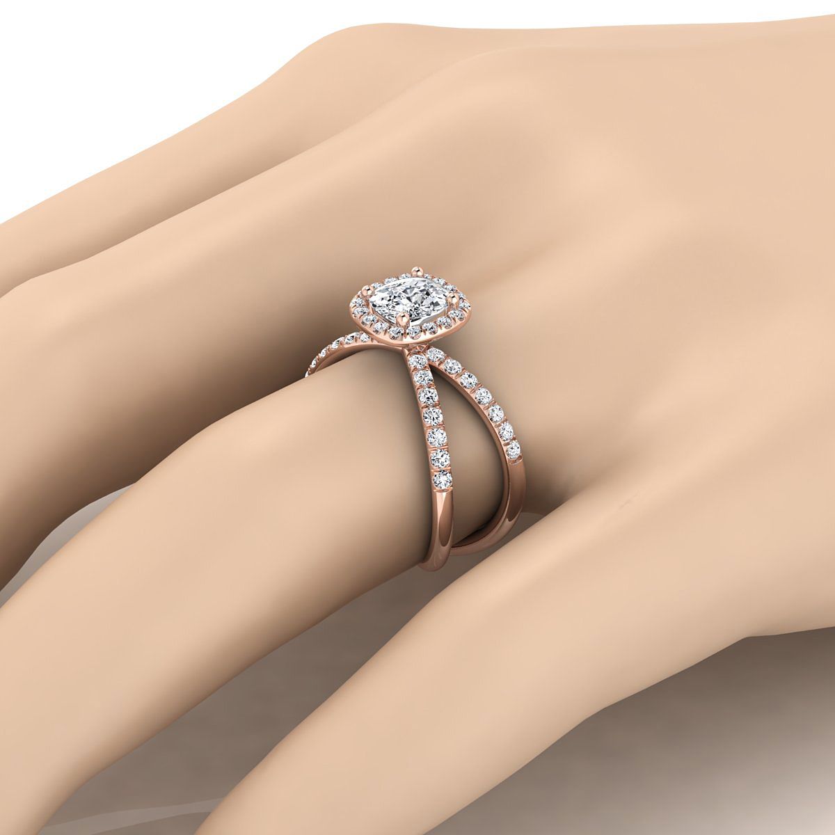 The Joan engagement ring setting in 14K Rose Gold, select crossover pavé halo cut design | RockHer