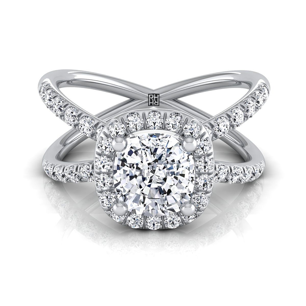 Joan Select Crossover Pavé Halo Cushion Cut Lab Diamond Engagement Ring in 18K White Gold | RockHer