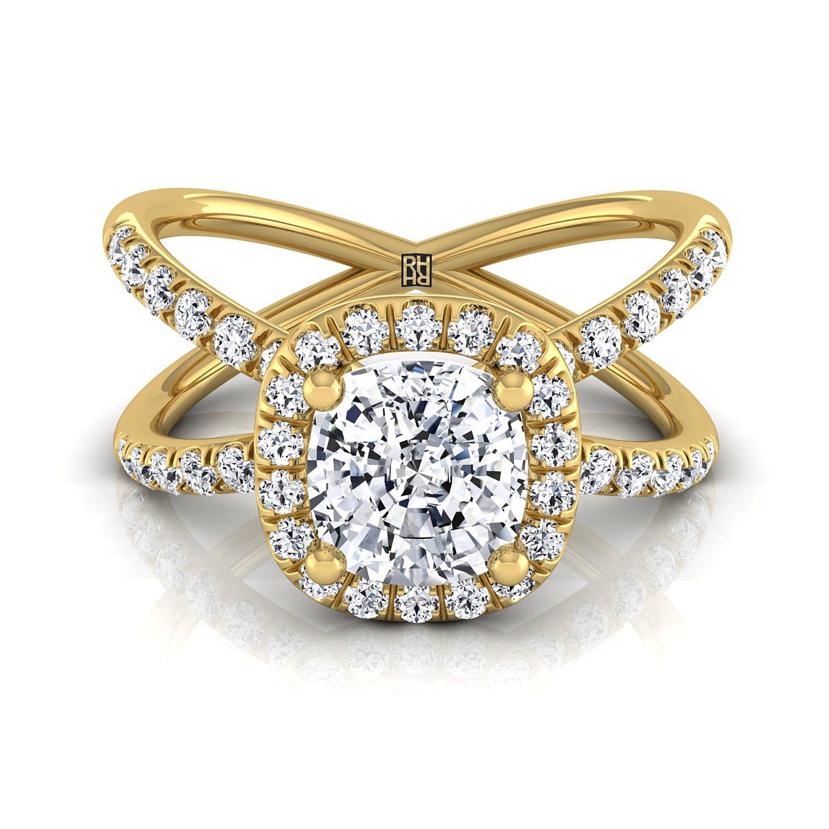 Joan Select Crossover Pavé Halo Cushion Cut Lab Diamond Engagement Ring in 18K Yellow Gold | RockHer