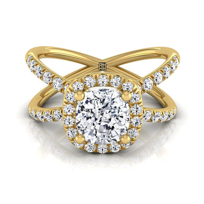 Joan Select Crossover Pavé Halo Cushion Cut Lab Diamond Engagement Ring in 18K Yellow Gold | RockHer