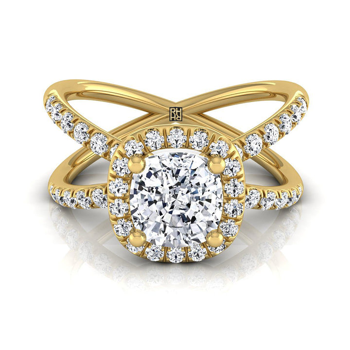Joan Select Crossover Pavé Halo Cushion Cut Lab Diamond Engagement Ring in 14K Yellow Gold | RockHer