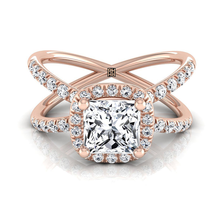 The Joan Crossover Pavé Halo Princess Cut Engagement Ring Setting in 14K Rose Gold