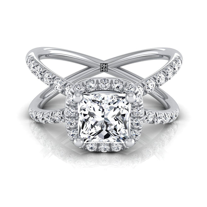 Criss Cross Pavé Halo Princess, in 18K White Gold, pave setting | RockHer