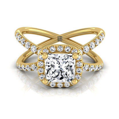 Criss Cross Pavé Halo Princess, in 18K Yellow Gold, pave setting | RockHer