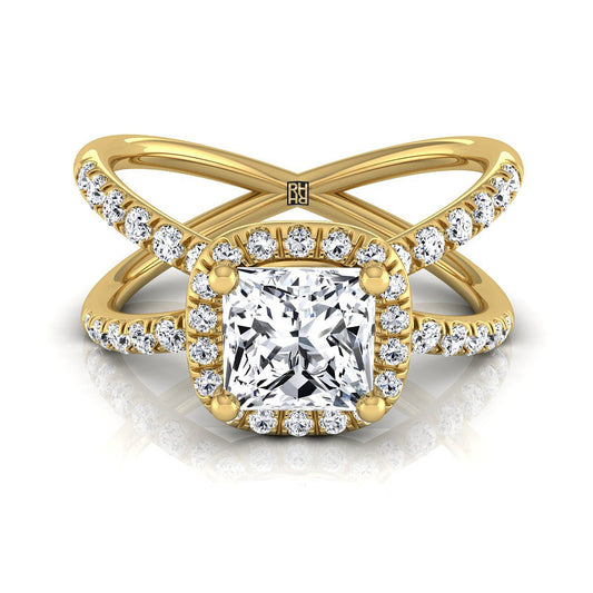 18K Yellow Gold Princess Cut Diamond Open Criss Cross French Pave Engagement Ring -1/2ctw