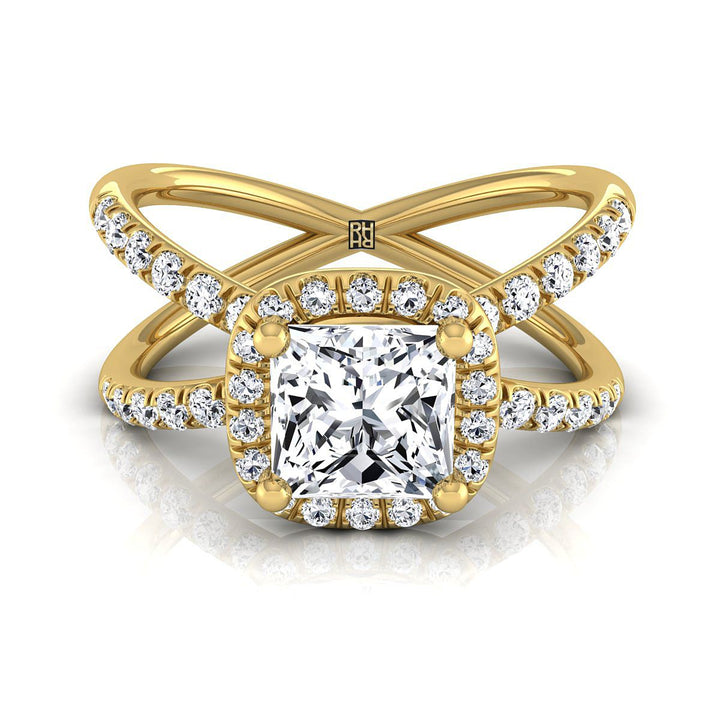 Criss Cross Pavé Halo Princess, in 18K Yellow Gold, pave setting | RockHer