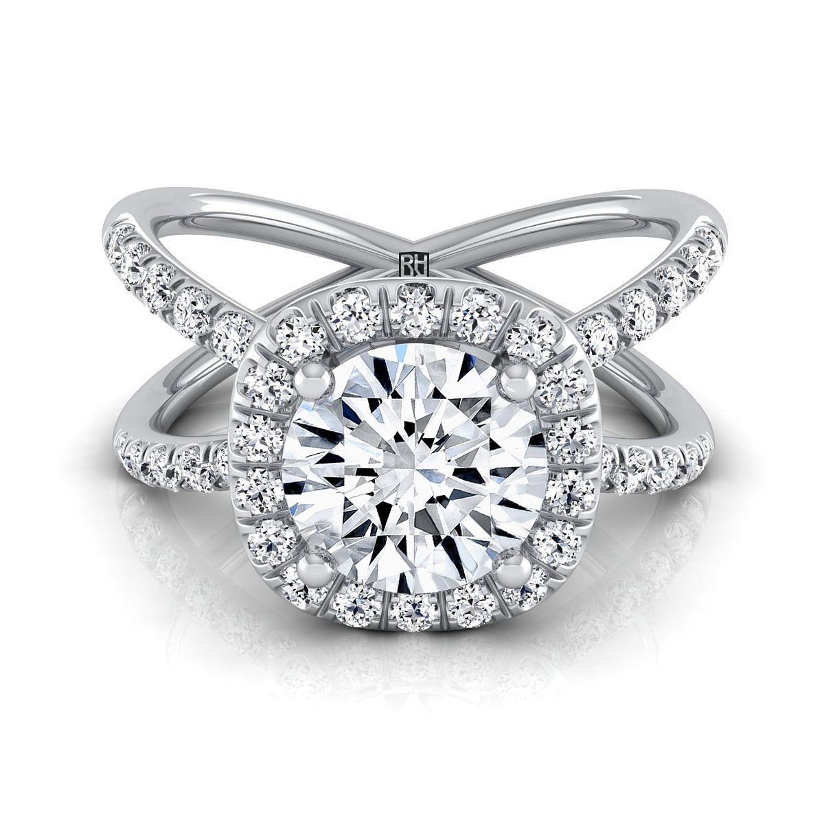 Joan Select Crossover Pavé Halo Round Lab Diamond Engagement Ring in 18K White Gold | RockHer