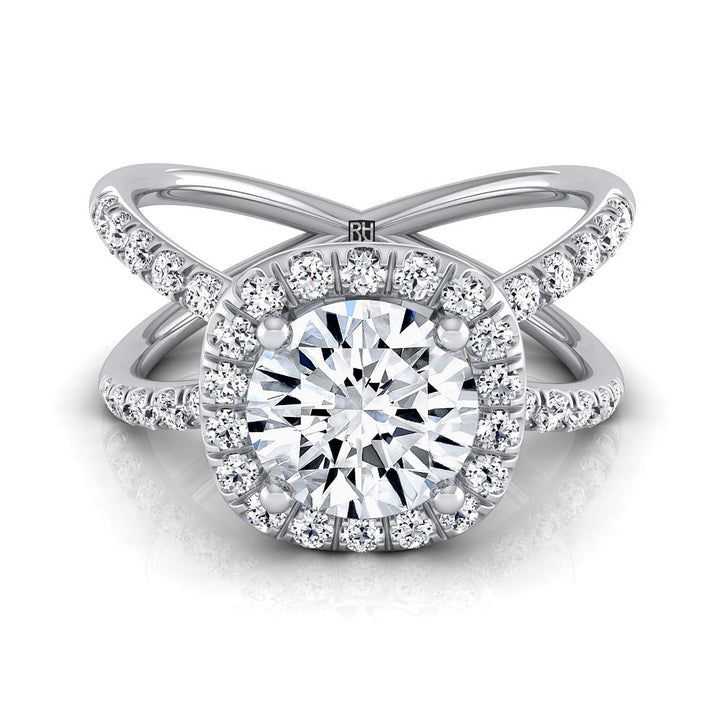 Round Brilliant, Criss Cross Pavé Halo, in 18K White Gold, pave setting – view 8 | RockHer
