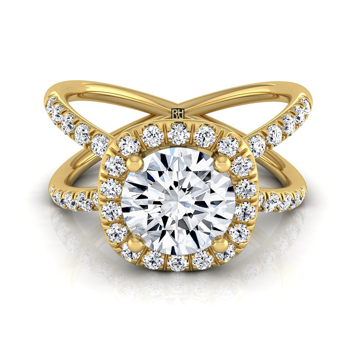 Joan Select Crossover Pavé Halo Round Lab Diamond Engagement Ring in 18K Yellow Gold | RockHer