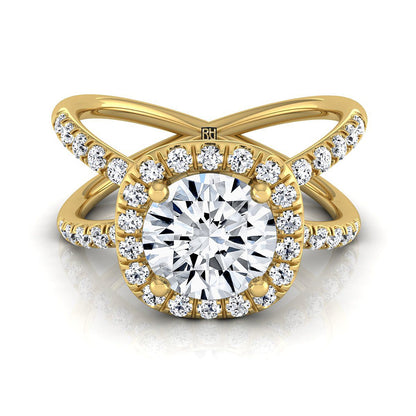 Round Brilliant, Criss Cross Pavé Halo, in 18K Yellow Gold, pave setting | RockHer