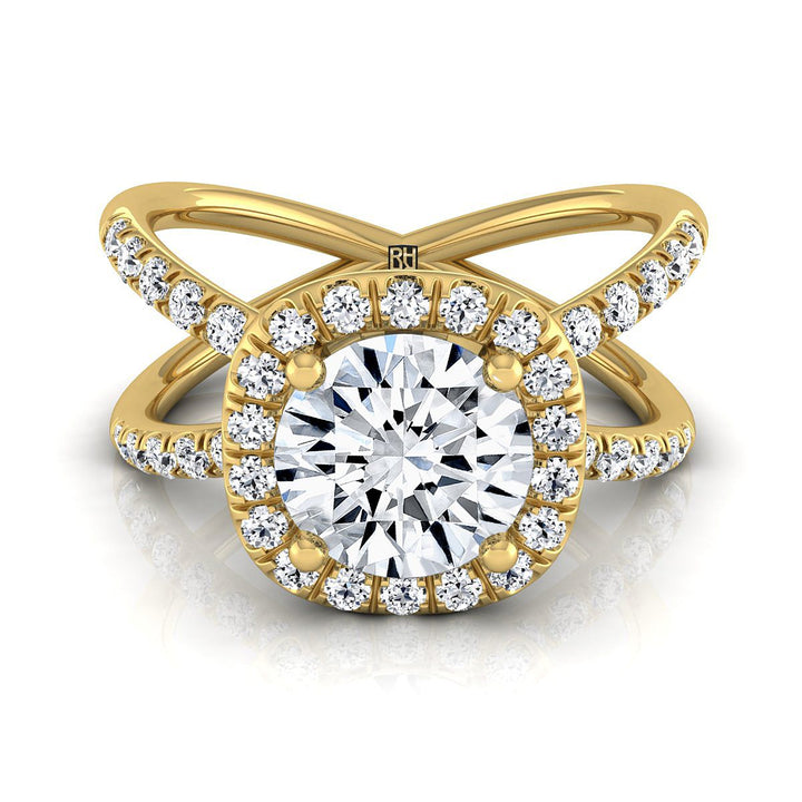 Round Brilliant, Criss Cross Pavé Halo, in 18K Yellow Gold, pave setting | RockHer