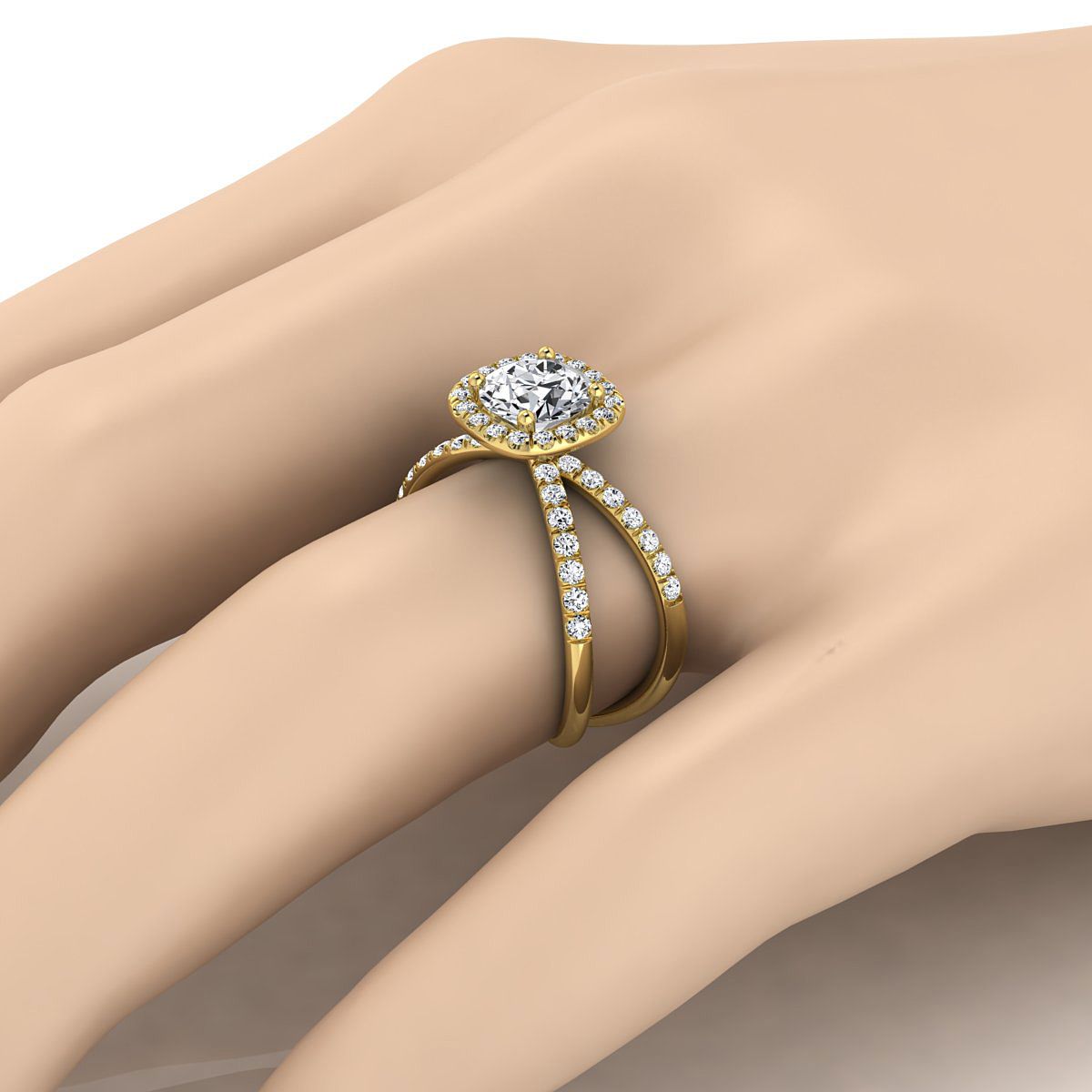 The Joan round setting in 18K Yellow Gold, a select crossover pavé halo design from RockHer