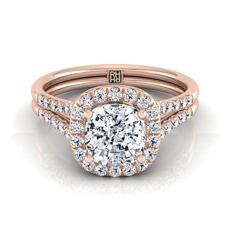 The Toni Double Row Split Shank Halo Cushion Cut Engagement Ring Setting in 14K Rose Gold