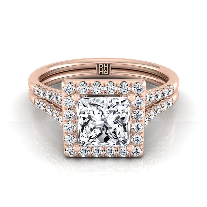 Double Row Split Shank Halo Princess, in 14K Rose Gold, pave setting | RockHer