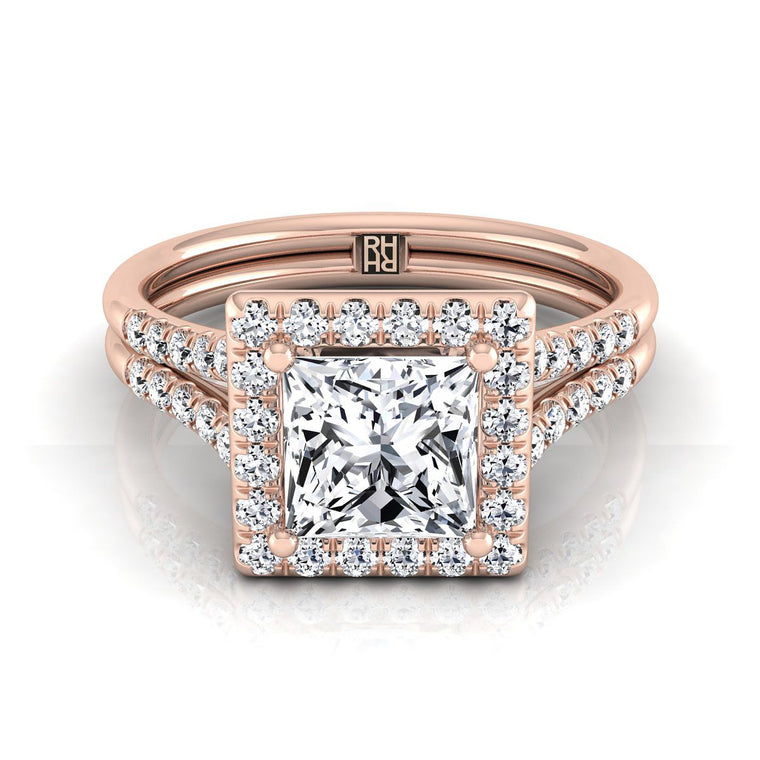The Toni Double Row Split Shank Halo Princess Cut Engagement Ring Setting in 14K Rose Gold