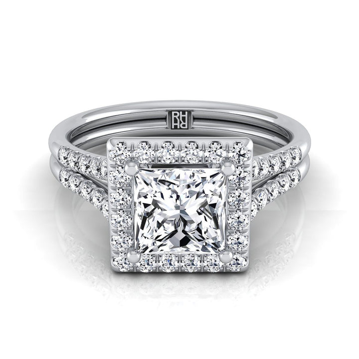 Double Row Split Shank Halo Princess, in 18K White Gold, pave setting | RockHer