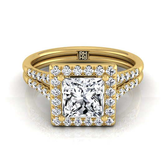 18K Yellow Gold Princess Cut French Pave Split Shank Halo Engagement Ring -3/8ctw