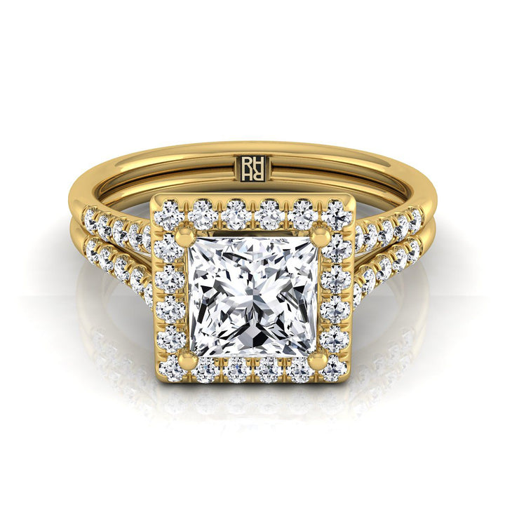 Double Row Split Shank Halo Princess, in 18K Yellow Gold, pave setting | RockHer