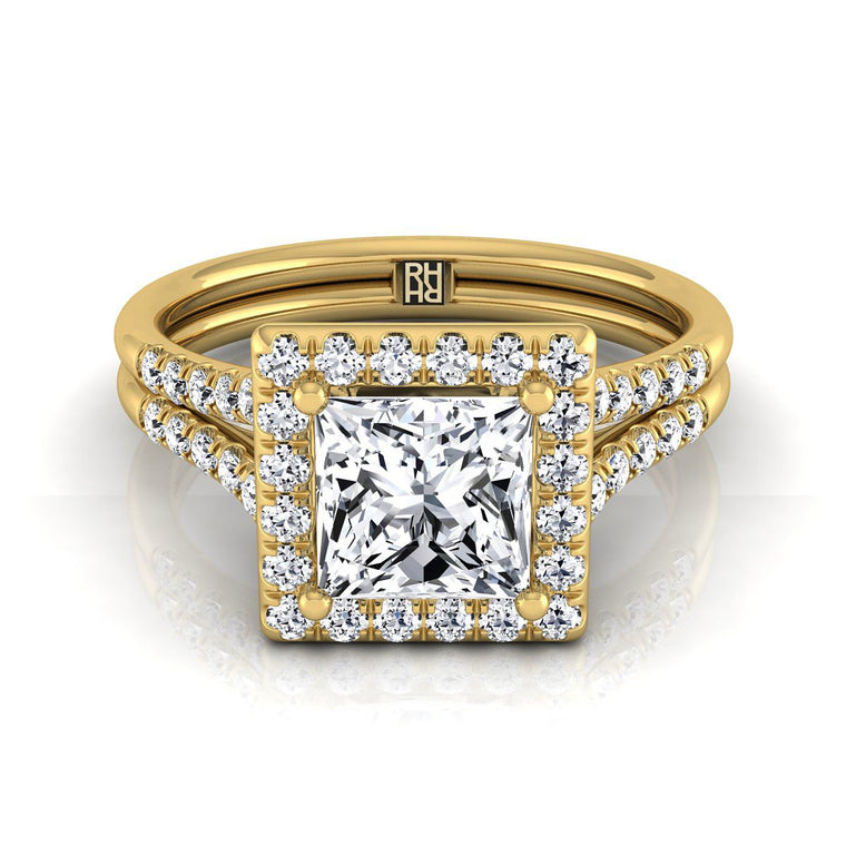 The Toni Double Row Split Shank Halo Princess Cut Engagement Ring Setting in 18K Yellow Gold