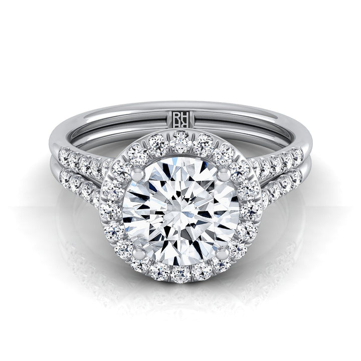 Round Brilliant, Double Row Split Shank Halo, in 18K White Gold, pave setting – view 8 | RockHer
