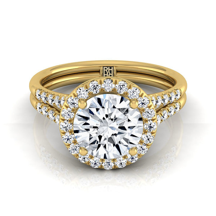 Round Brilliant, Double Row Split Shank Halo, in 18K Yellow Gold, pave setting | RockHer