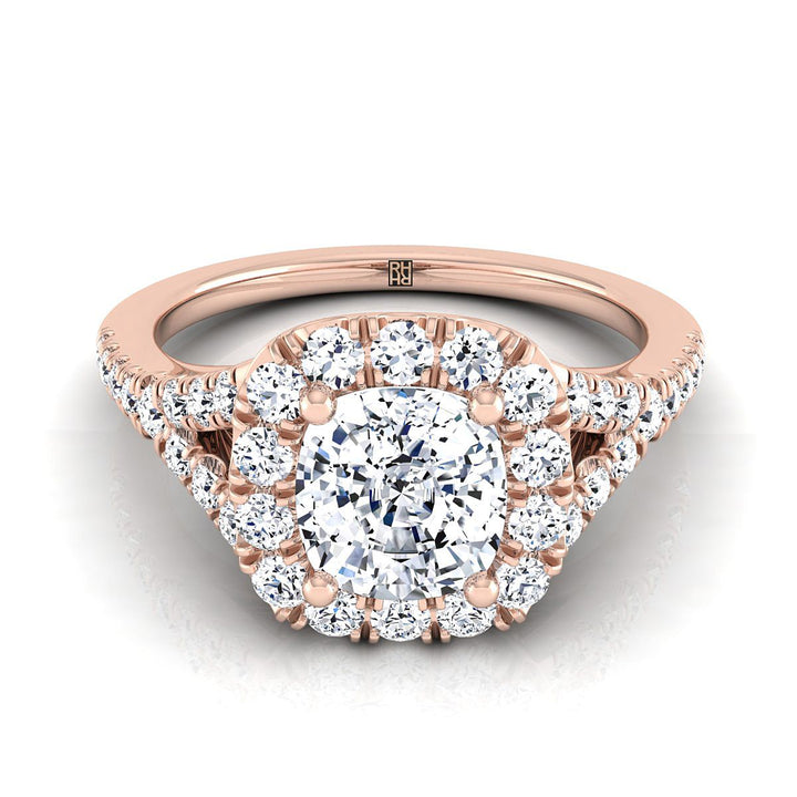 Prong Halo Split Shank Cushion, in 14K Rose Gold, pave setting – view 8 | RockHer