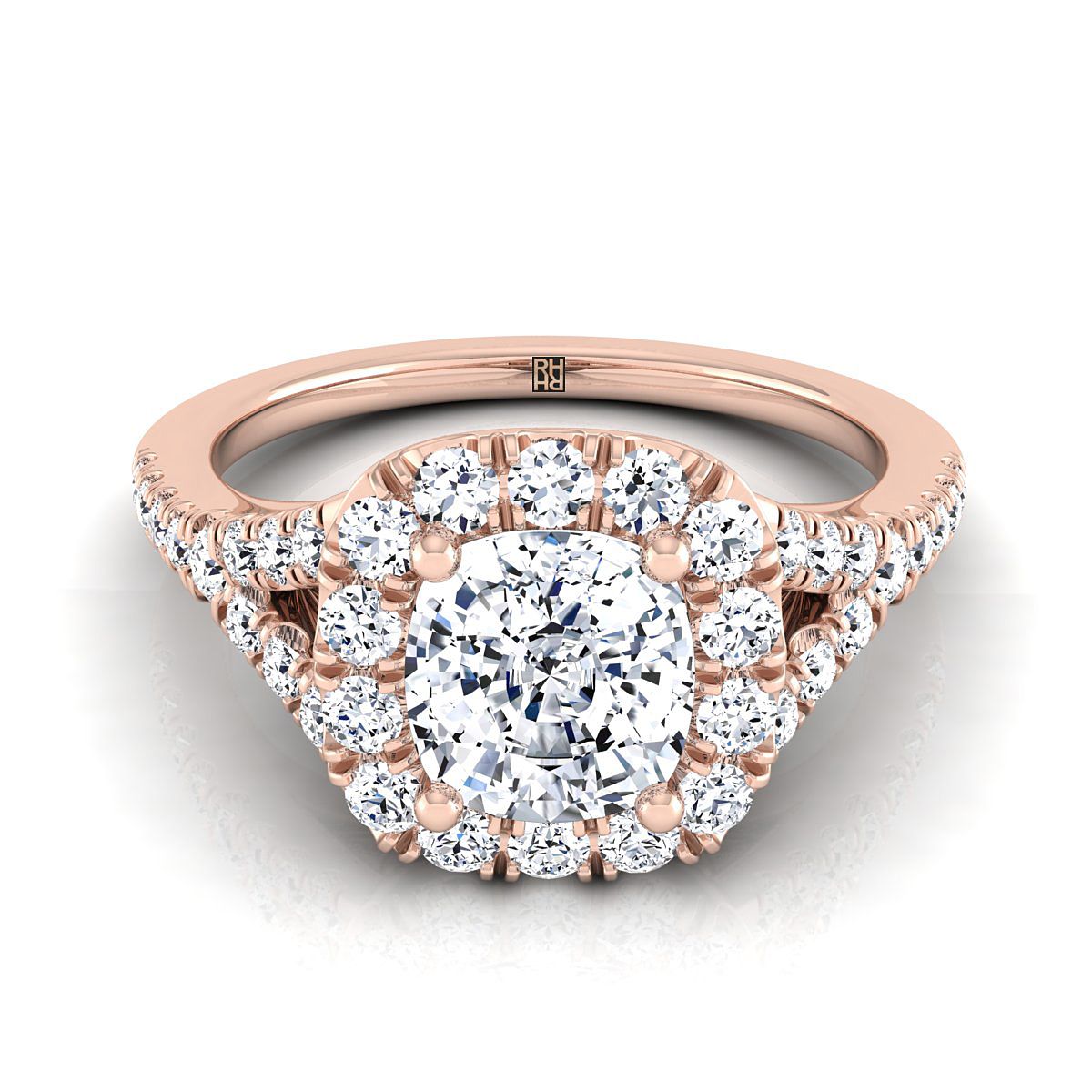 Billie Select Prong Halo Split Shank Cushion Cut Lab Diamond Engagement Ring in 14K Rose Gold | RockHer