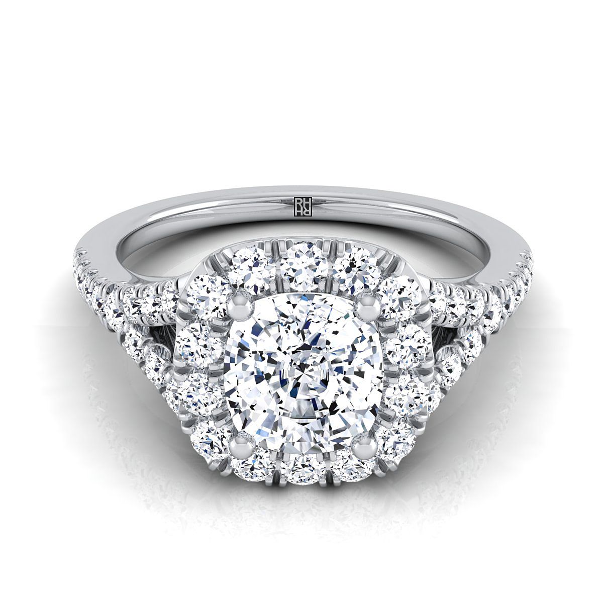 The Billie cushion setting in Platinum, a select prong halo split shank cu cut design from RockHer
