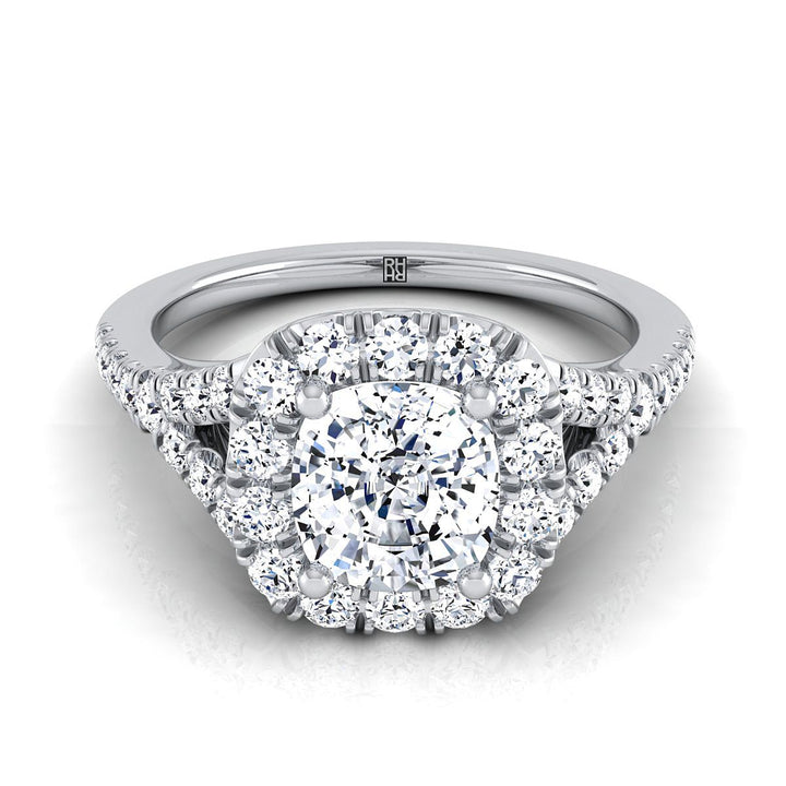 Billie prong halo split shank engagement ring in platinum with cushion lab diamond — RockHer