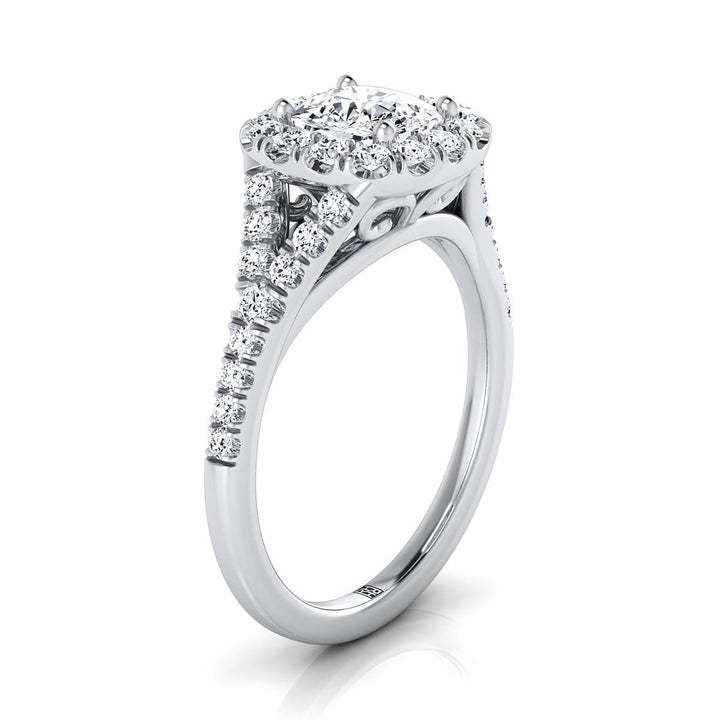 Billie prong halo split shank engagement ring in 18K white gold with cushion lab diamond — RockHer