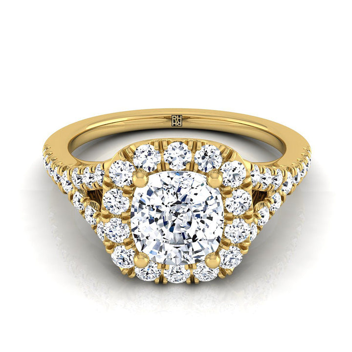 Prong Halo Split Shank Cushion, in 18K Yellow Gold, pave setting – view 8 | RockHer