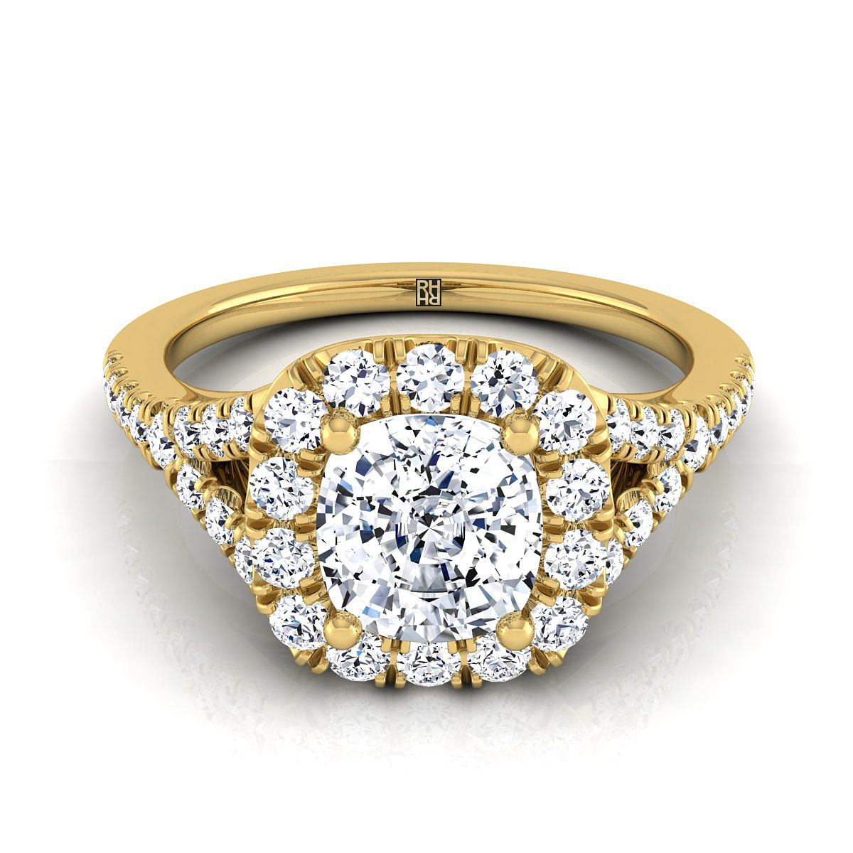 Billie Select Prong Halo Split Shank Cu Cushion Cut Lab Diamond Engagement Ring in 18K Yellow Gold | RockHer