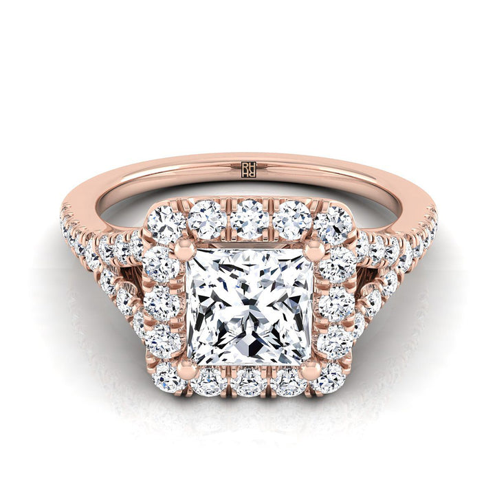 Prong Halo Split Shank Princess, in 14K Rose Gold, pave setting | RockHer