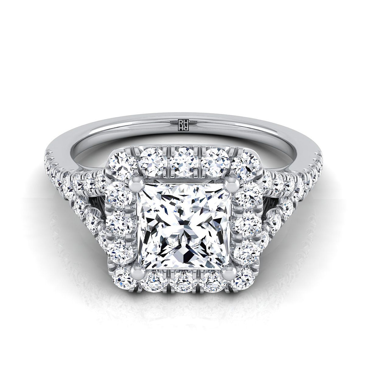 14K White Gold Princess Cut Diamond Simple Prong Halo Split Shank Engagement Ring -1/2ctw